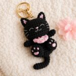 Black Crochet Cat Keychain – Handmade Amigurumi Cat Keyring with Pink Accents