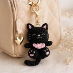 Black Crochet Cat Keychain – Handmade Amigurumi Cat Keyring with Pink Accents - Image 3