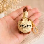 Cream Crochet Cat Keychain – Handmade Amigurumi Cat Keyring with Brown Accents - Image 2