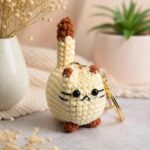 Cream Crochet Cat Keychain – Handmade Amigurumi Cat Keyring with Brown Accents
