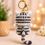 Striped Crochet Cat Keychain – Handmade Amigurumi Kitten Bag Charm with Bell Collar - Image 3