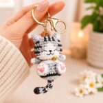 Striped Crochet Cat Keychain – Handmade Amigurumi Kitten Bag Charm with Bell Collar - Image 2